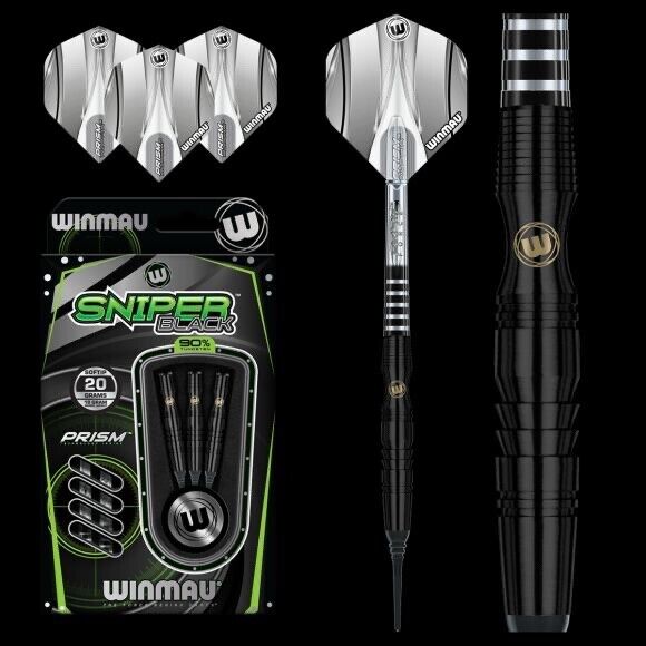 WINMAU SNIPER BLACK PRISM 20 GRAM SOFT TIP DARTS 85% TUNGSTUN SHIPS FREE BONUS