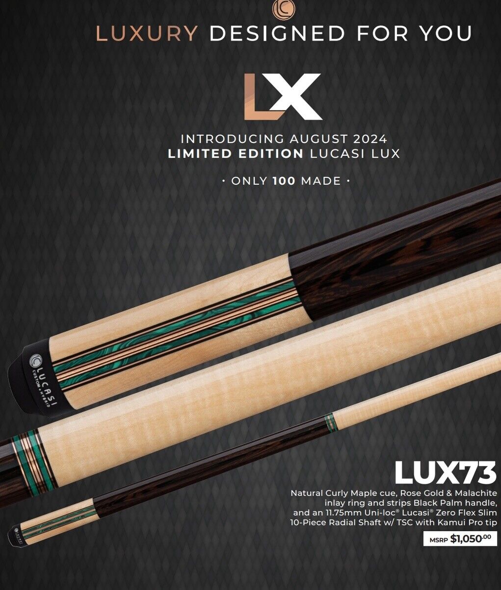 LUCASI LUX 73 POOL CUE 11.75MM HYBRID SHAFT LIMITED #32/ 100 MADE NEW SHIPS FREE