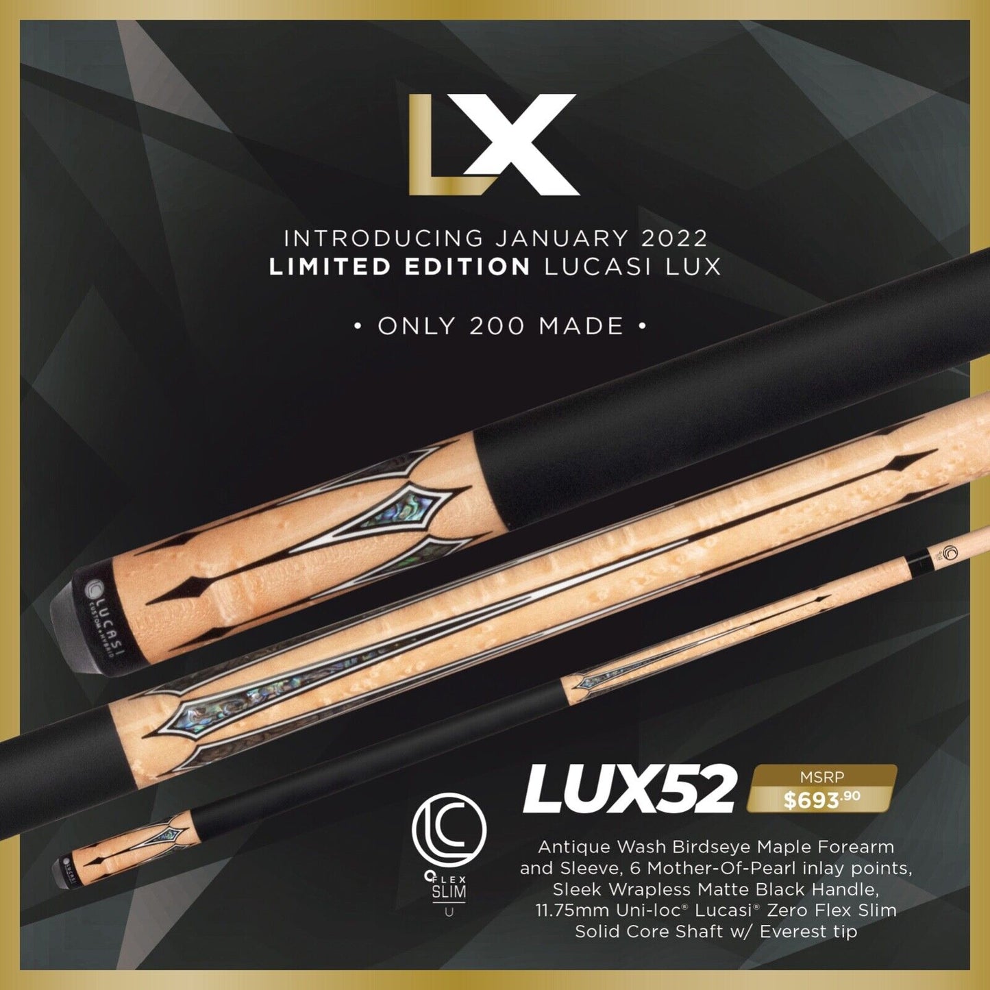 LUCASI LUX 52 CUSTOM POOL CUE 11.75MM SHAFT LTD ONLY 150 MADE NEW FREE SHIPPING