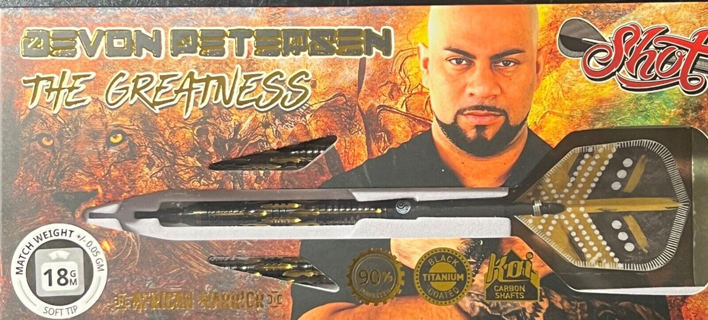 SHOT DARTS MODEL DEVON PETERSEN GREATNESS 18 GR TUNGSTEN SOFT TIP FREE FLIGHTS