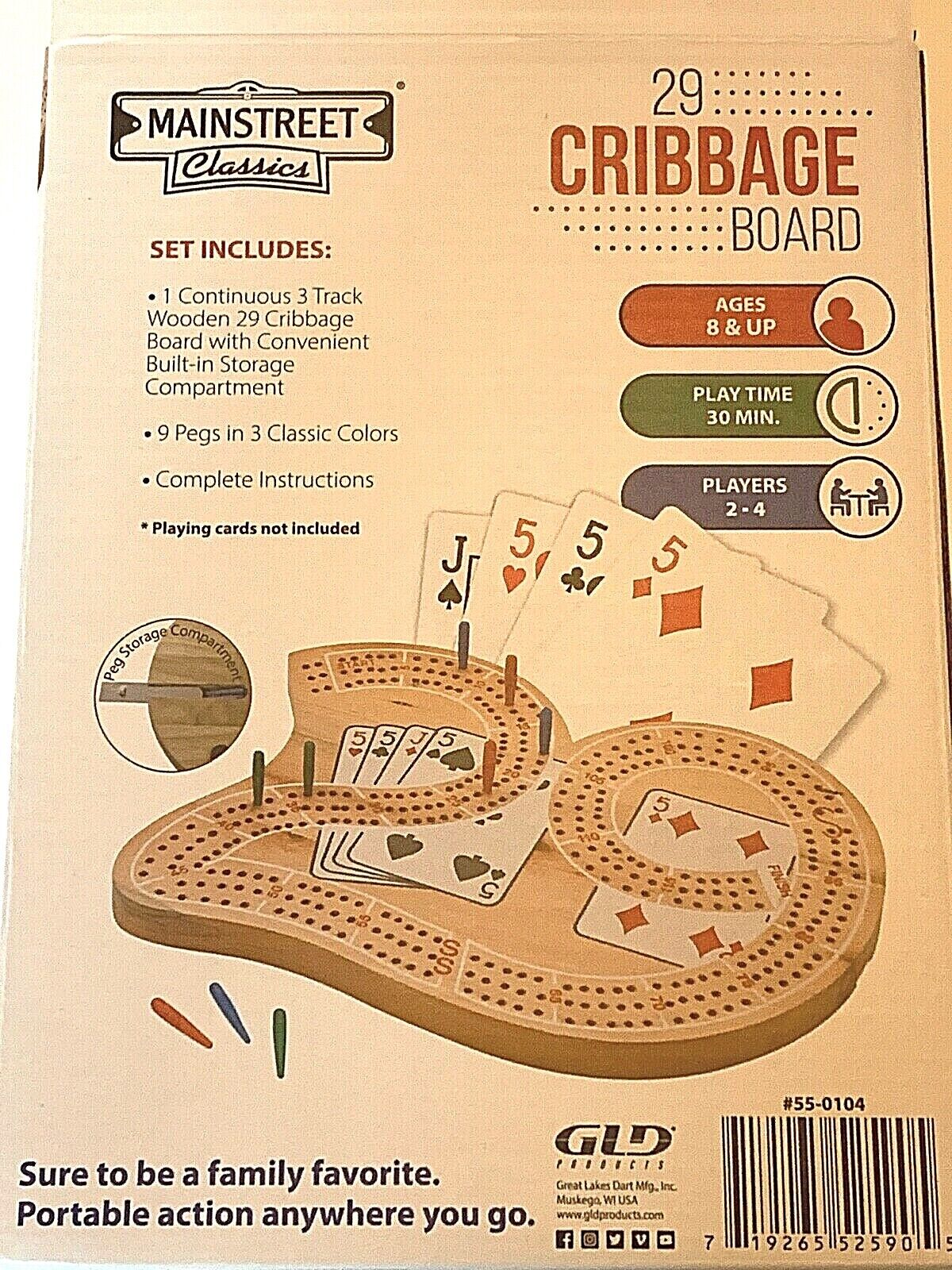 WODDEN 29 CRIBBAGE BOARD 3 TRACK CONTINUOUS WITH PEGS BRAND NEW SHIPS FREE