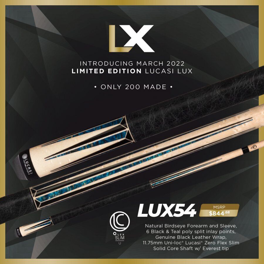 LUCASI LUX 54 CUSTOM CUE UNILOC 11.75MM LTD ONLY 200 MADE NEW FREE SHIPPING