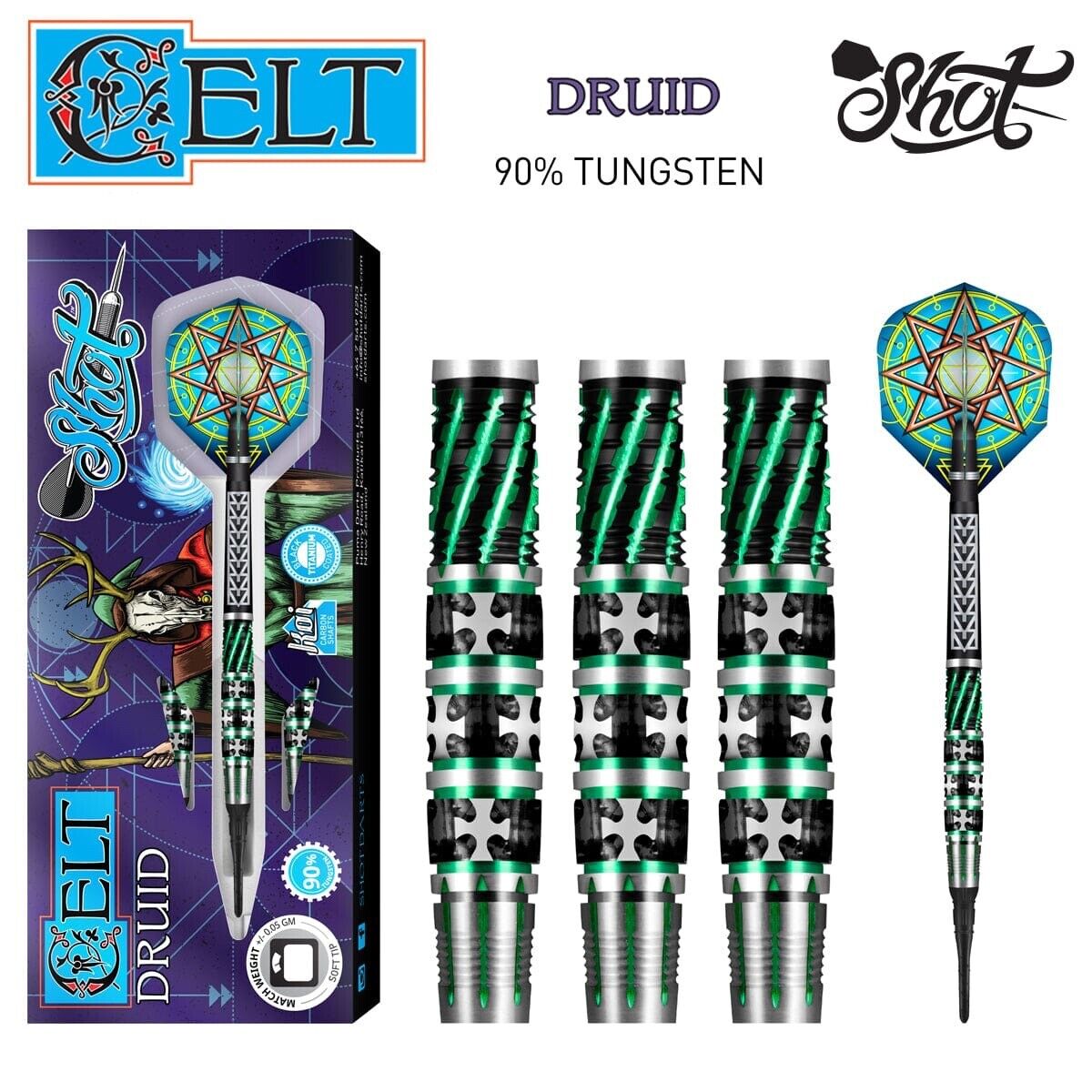 SHOT DARTS MODEL CELT DRUID 18 GRAM TUNGSTEN SOFT TIP SHIPS FREE N FREE FLIGHTS