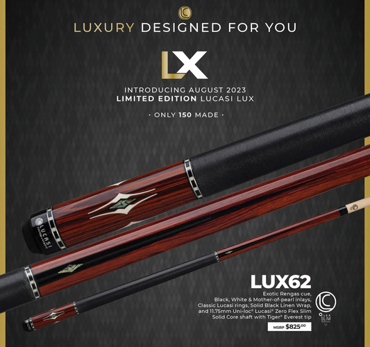 LUCASI LUX 62 CUSTOM CUE UNILOC LTD ONLY 150 MADE NEW FREE SHIPPING FREE CASE