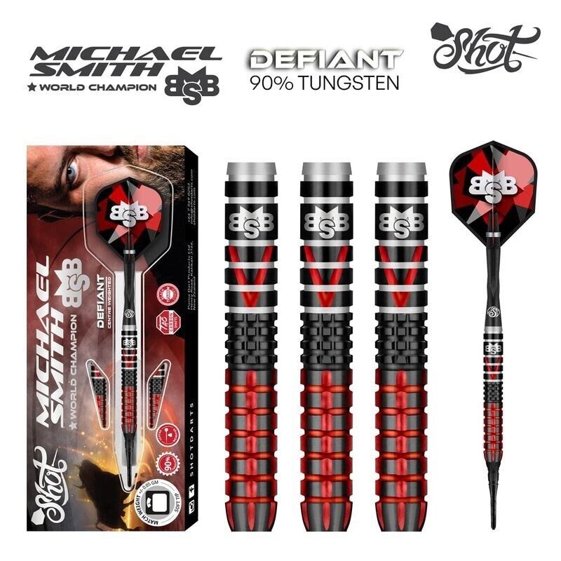 SHOT DARTS MICHAEL SMITH DEFIANT 18 GRAM SOFT TIP SHIPS FREE N FREE FLIGHTS