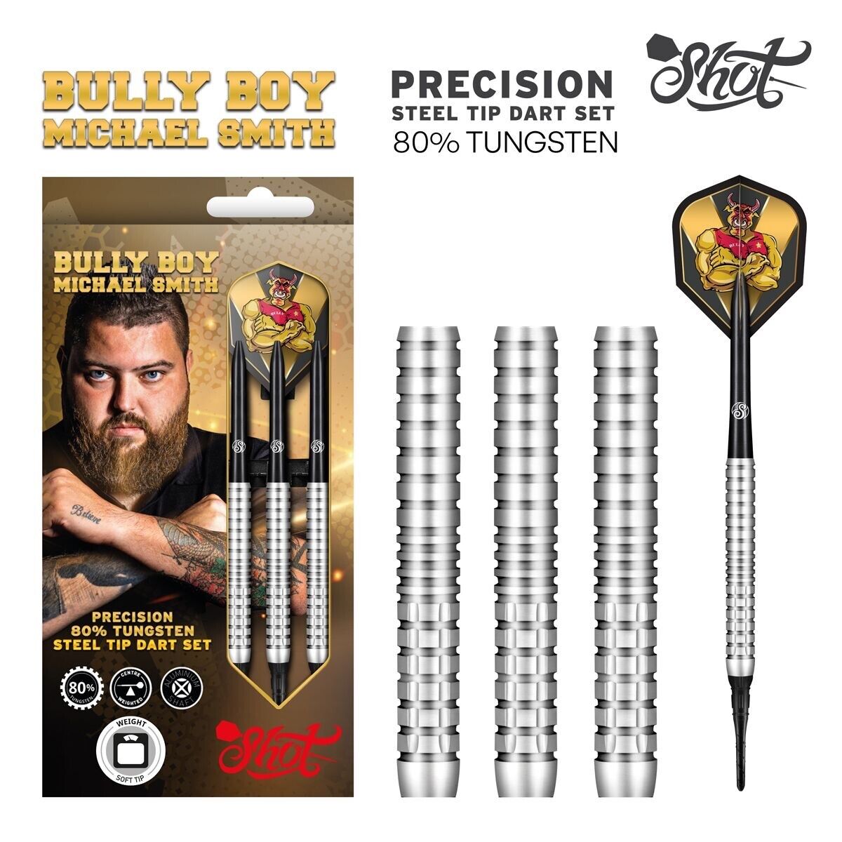 SHOT DARTS BULLY BOY MICHAEL SMITH  18 GRAM SOFT TIP SHIPS FREE N FREE FLIGHTS